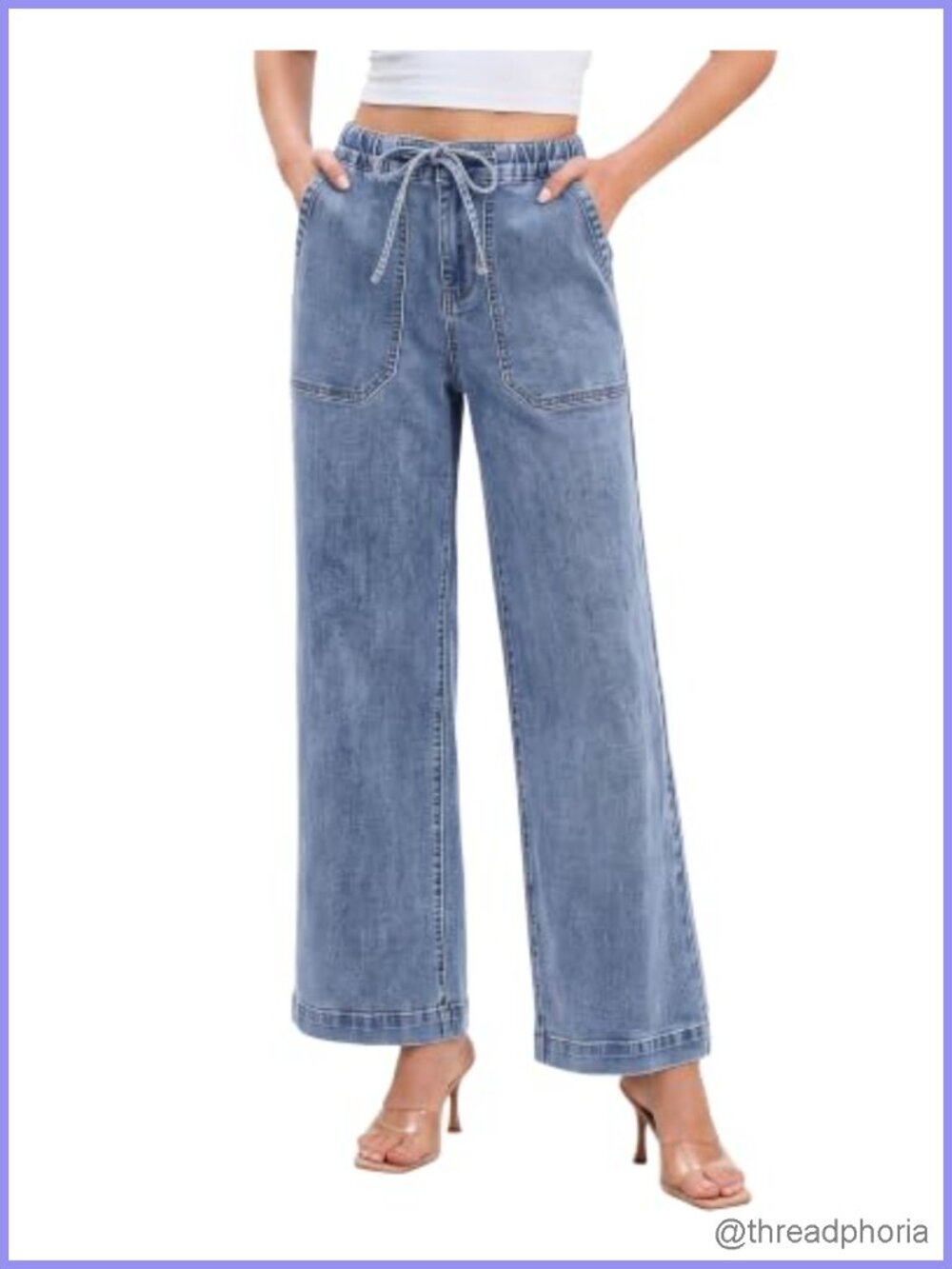 Stretch Denim Wide Leg Jeans High Waisted Drawstring